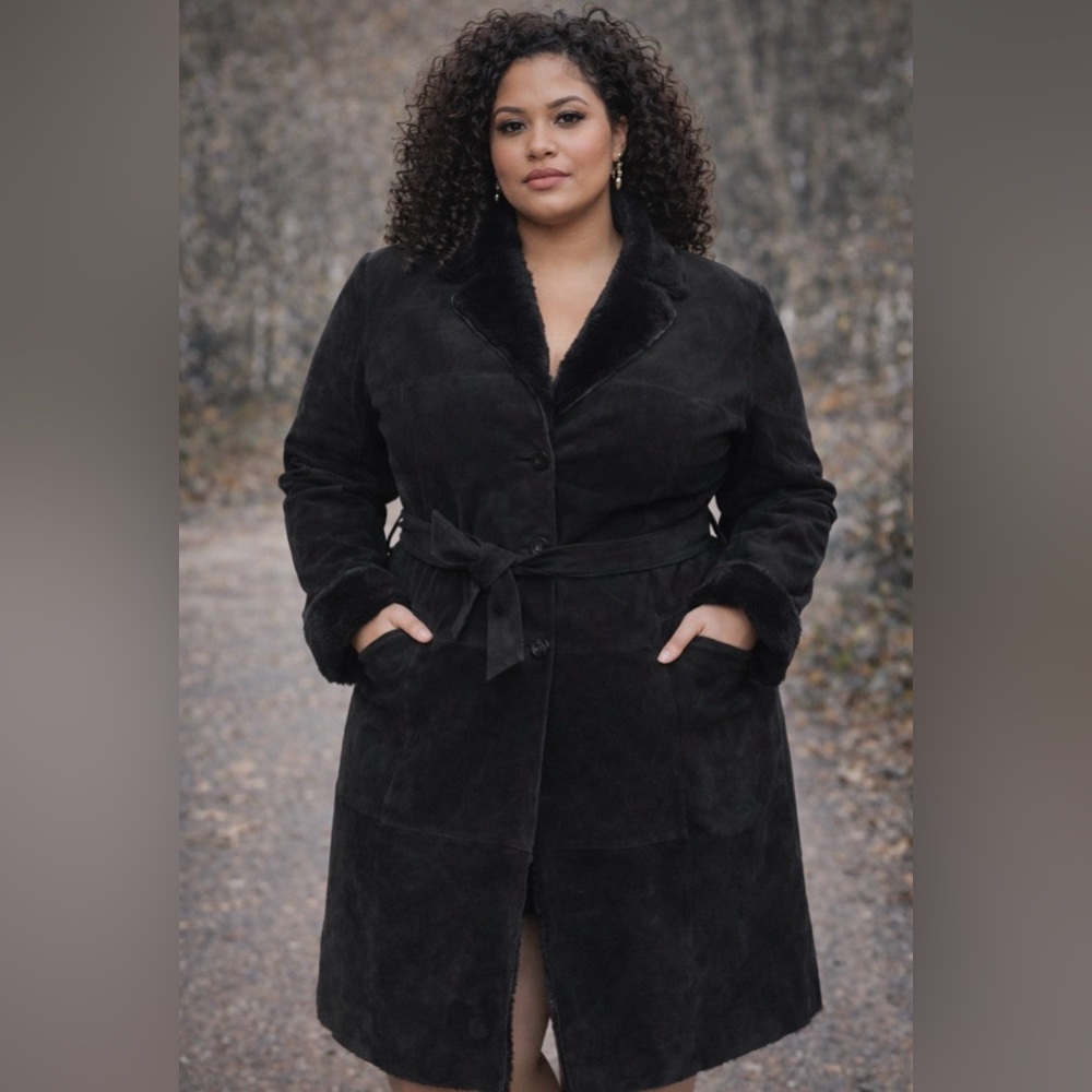 Vintage plus size -90s -black suede coat- Penny Lane style- faux fur